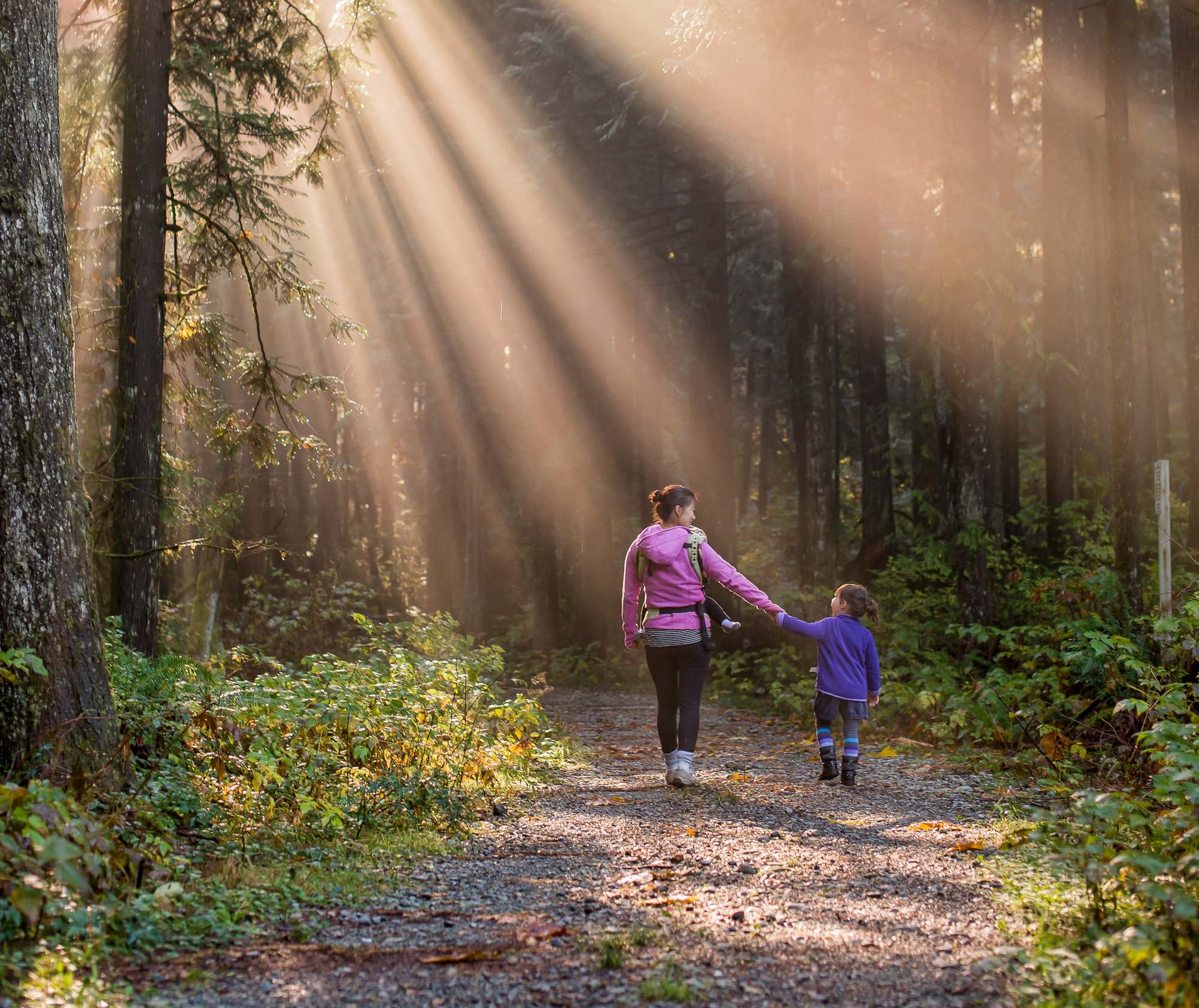 waldbaden mutter mit kind im wald